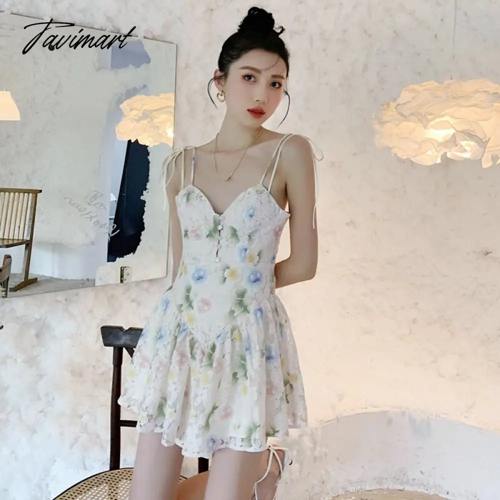 vzyzvSpring Women' Clothing Dress Self-cultivation Tea Break French Style Lace Sexy Sweet Spicy Girl Lace Sling Feminine Dress