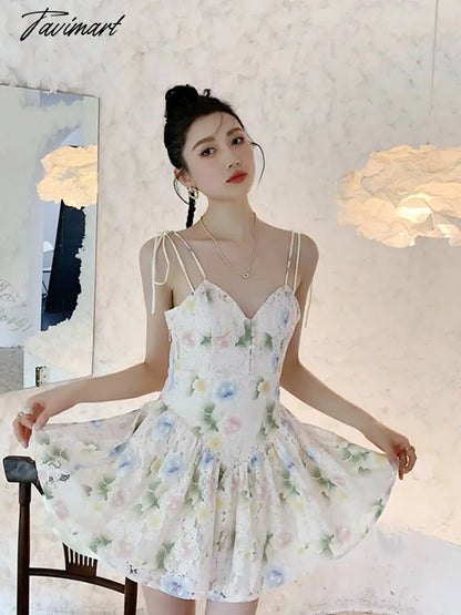 vzyzvSpring Women' Clothing Dress Self-cultivation Tea Break French Style Lace Sexy Sweet Spicy Girl Lace Sling Feminine Dress