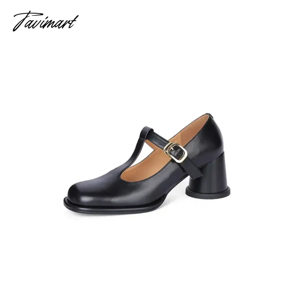 vzyzv -  Spring Women Pumps Split Leather Shoes for Women Round Toe Chunky Heel Shoes Retro Round Heel Mary Janes Solid Black Shoes