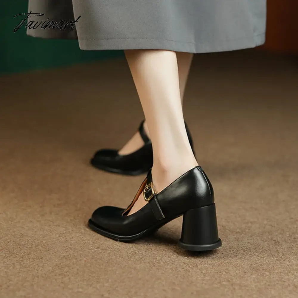 vzyzv -  Spring Women Pumps Split Leather Shoes for Women Round Toe Chunky Heel Shoes Retro Round Heel Mary Janes Solid Black Shoes