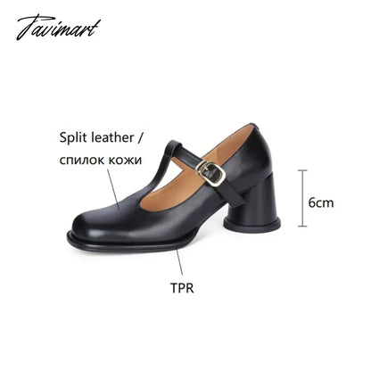 vzyzv -  Spring Women Pumps Split Leather Shoes for Women Round Toe Chunky Heel Shoes Retro Round Heel Mary Janes Solid Black Shoes