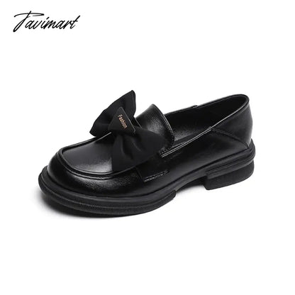 vzyzvspring women's casual leather shoes Ladies Black Loafers bow decoration Retro Style british style Outerwear low heels 41-43 size