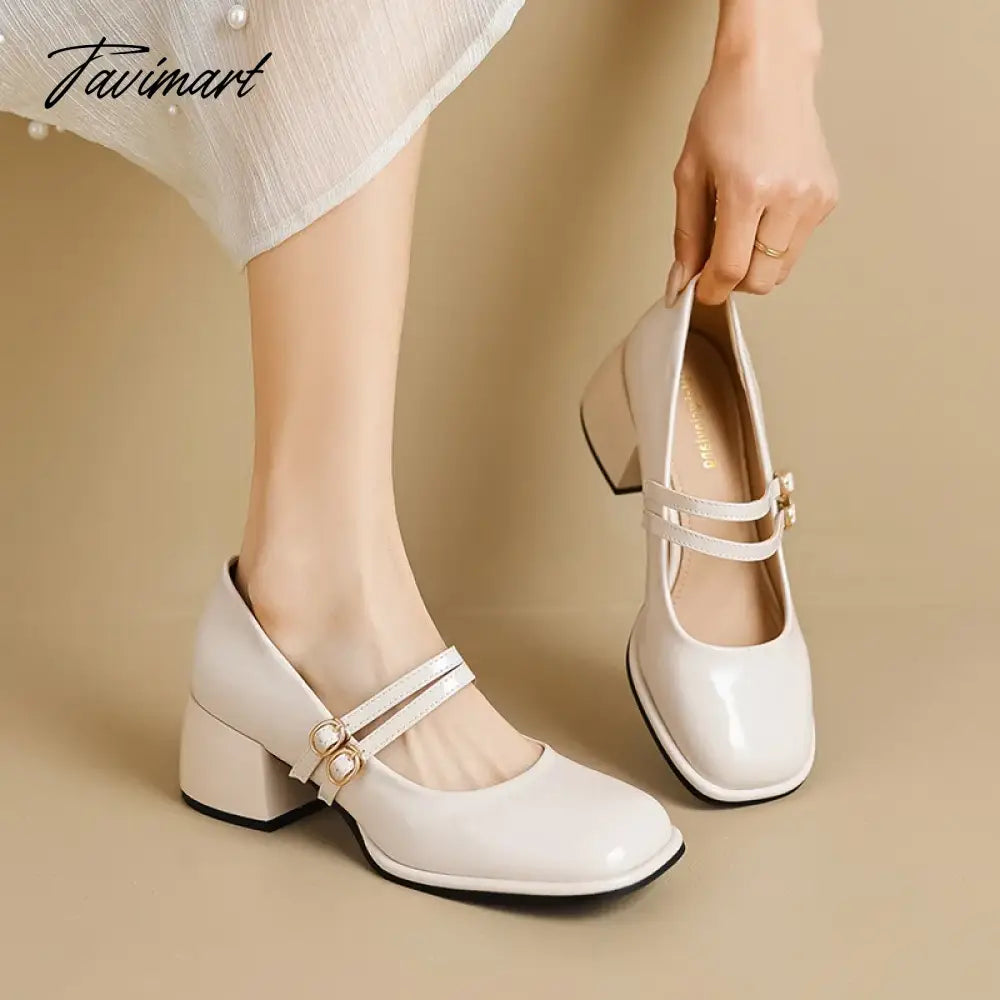 vzyzv -  spring women's shoes ladies high heels Casual Mary Janes white square toe design career and commuting Korean style 41-43