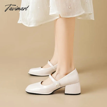 vzyzv -  spring women's shoes ladies high heels Casual Mary Janes white square toe design career and commuting Korean style 41-43