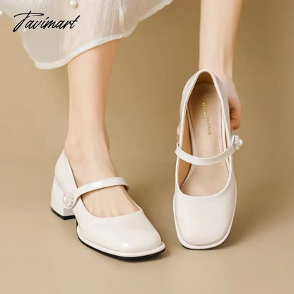 vzyzv -  spring women's shoes ladies high heels Casual Mary Janes white square toe design career and commuting Korean style 41-43