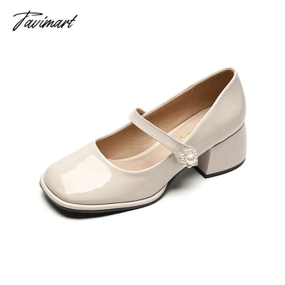 vzyzv -  spring women's shoes ladies high heels Casual Mary Janes white square toe design career and commuting Korean style 41-43