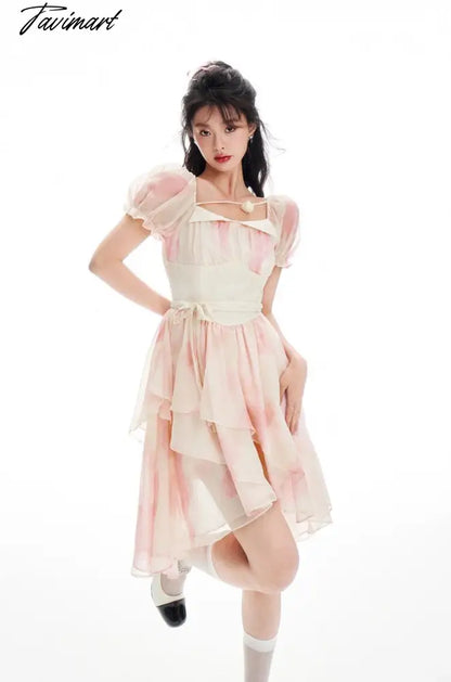 vzyzvSpring Women Sweet Pink Tie Dye Dress Floral Puff Sleeve Pleated A-line Mini Dress Female Holiday Irregular Y2k Dress