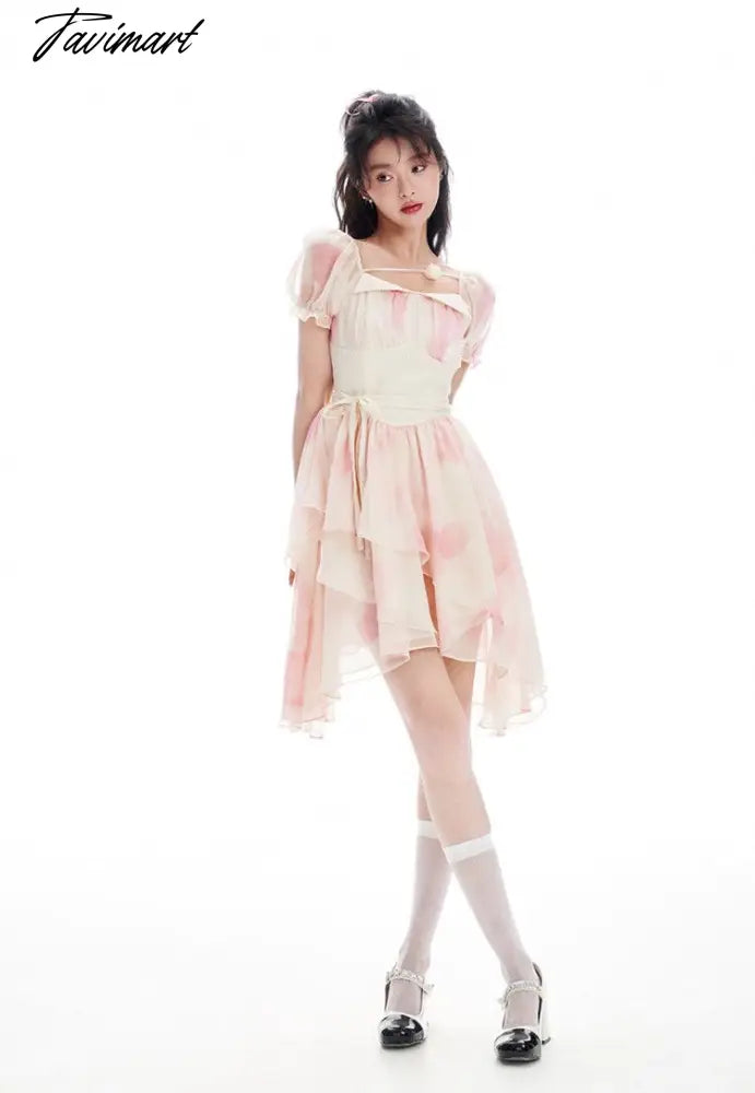 vzyzvSpring Women Sweet Pink Tie Dye Dress Floral Puff Sleeve Pleated A-line Mini Dress Female Holiday Irregular Y2k Dress