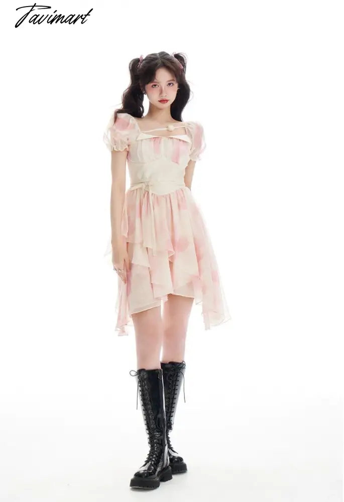 vzyzvSpring Women Sweet Pink Tie Dye Dress Floral Puff Sleeve Pleated A-line Mini Dress Female Holiday Irregular Y2k Dress