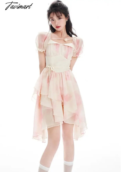 vzyzvSpring Women Sweet Pink Tie Dye Dress Floral Puff Sleeve Pleated A-line Mini Dress Female Holiday Irregular Y2k Dress