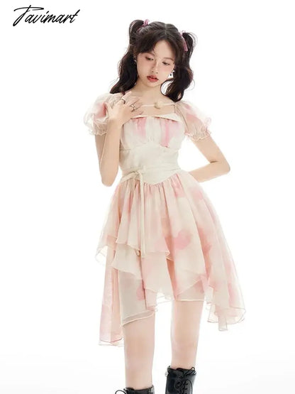 vzyzvSpring Women Sweet Pink Tie Dye Dress Floral Puff Sleeve Pleated A-line Mini Dress Female Holiday Irregular Y2k Dress