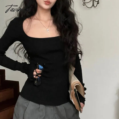 vzyzv Square Neck Solid Color All Match Long-sleeved T-shirt Women Autumn New Korean Sexy Slim Threaded Knitted Tops