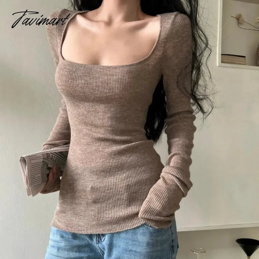 vzyzv Square Neck Solid Color All Match Long-sleeved T-shirt Women Autumn New Korean Sexy Slim Threaded Knitted Tops