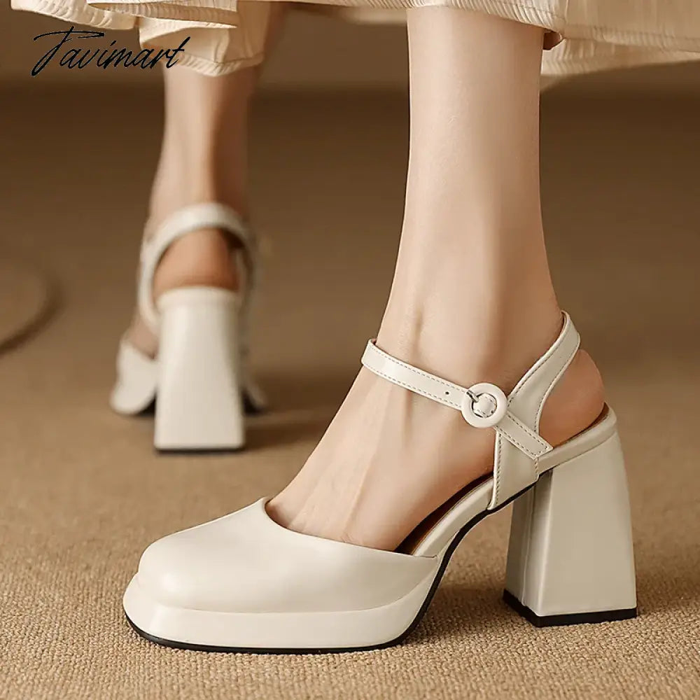 TAVIMART  -  Square Toe Sandals for Women Summer Mature Retro Block Heels Platform Buckle Strap Tacon Cuadrado Party Dating Shoes 33-46