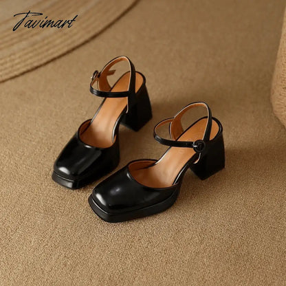 TAVIMART  -  Square Toe Sandals for Women Summer Mature Retro Block Heels Platform Buckle Strap Tacon Cuadrado Party Dating Shoes 33-46