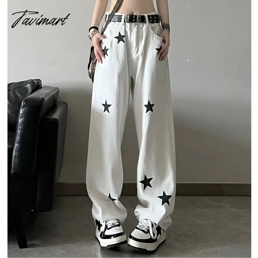 vzyzv Star Print High Waist Jeans American Retro High Street Straight-leg Pants Baggy Jeans Women Y2k Hot Girl Black Mopping Pants