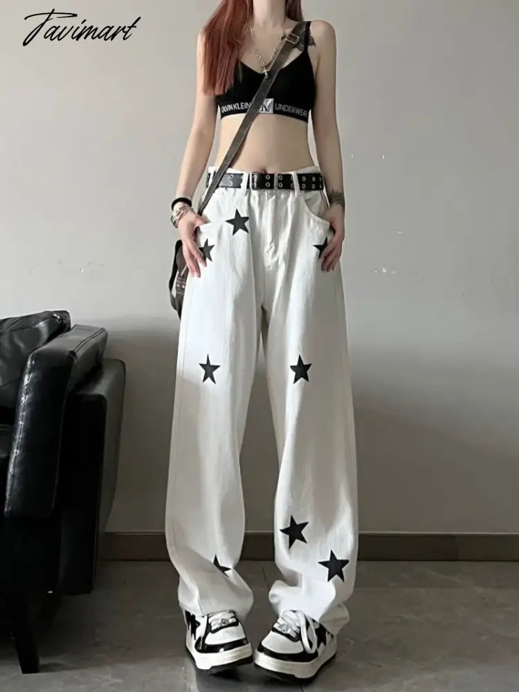 vzyzv Star Print High Waist Jeans American Retro High Street Straight-leg Pants Baggy Jeans Women Y2k Hot Girl Black Mopping Pants