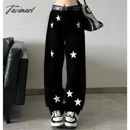 vzyzv Star Print High Waist Jeans American Retro High Street Straight-leg Pants Baggy Jeans Women Y2k Hot Girl Black Mopping Pants