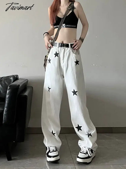 vzyzv Star Print High Waist Jeans American Retro High Street Straight-leg Pants Baggy Jeans Women Y2k Hot Girl Black Mopping Pants