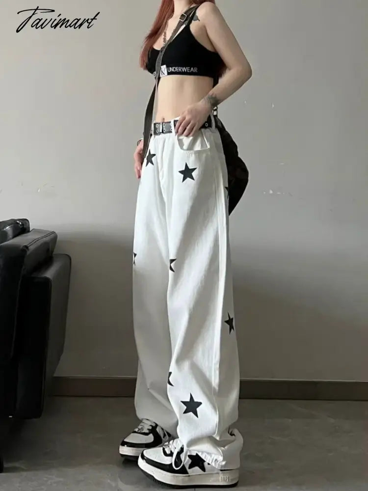 vzyzv Star Print High Waist Jeans American Retro High Street Straight-leg Pants Baggy Jeans Women Y2k Hot Girl Black Mopping Pants