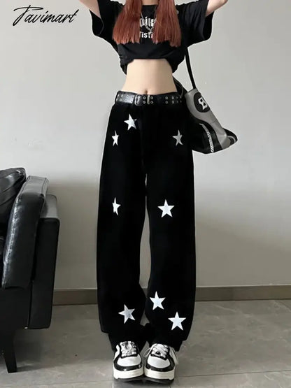 vzyzv Star Print High Waist Jeans American Retro High Street Straight-leg Pants Baggy Jeans Women Y2k Hot Girl Black Mopping Pants