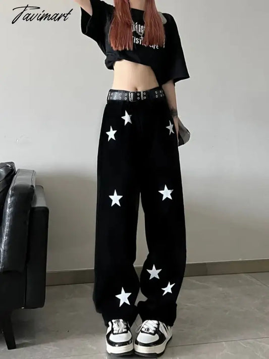 vzyzv Star Print High Waist Jeans American Retro High Street Straight-leg Pants Baggy Jeans Women Y2k Hot Girl Black Mopping Pants