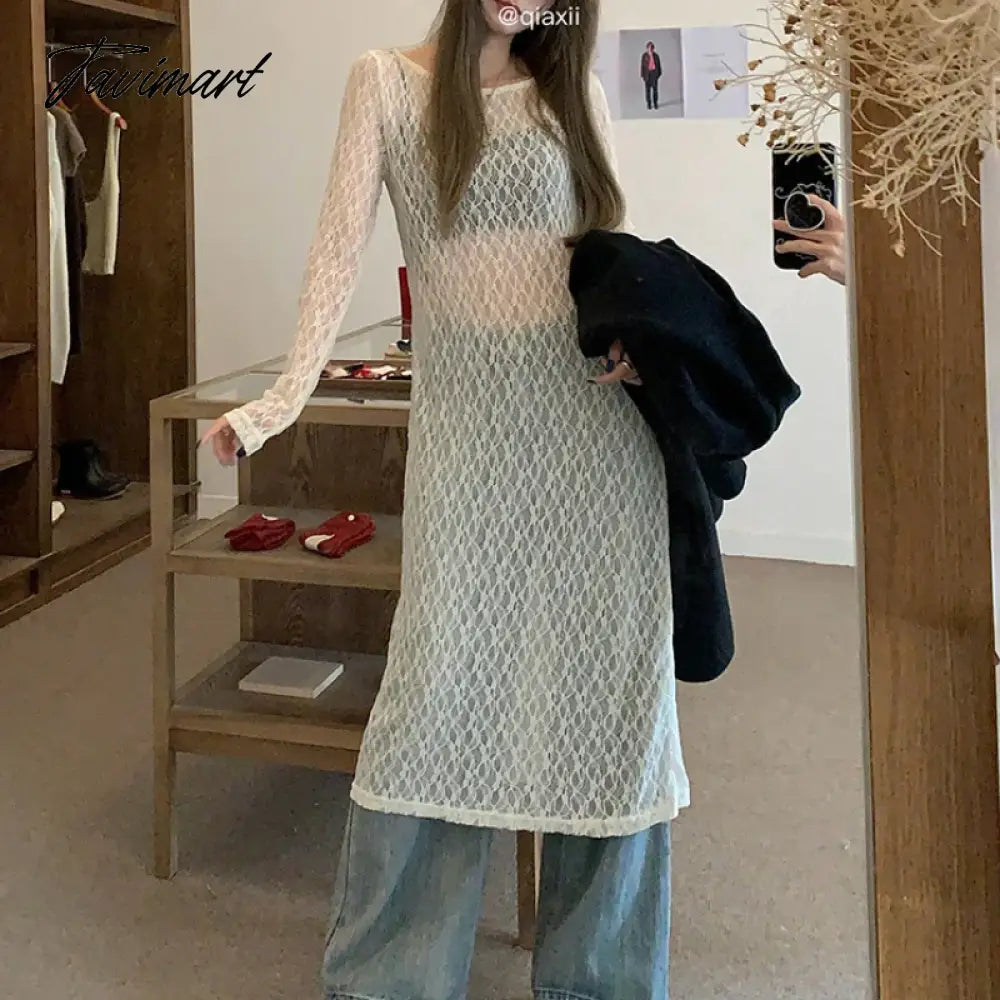 vzyzv Streetwear Hollow Sexy Sheer White Long-sleeved Dress Women 2024 Spring New O-neck Loose Casual All Match Lace Mid-length Dress