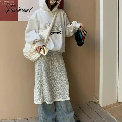 vzyzv Streetwear Hollow Sexy Sheer White Long-sleeved Dress Women 2024 Spring New O-neck Loose Casual All Match Lace Mid-length Dress