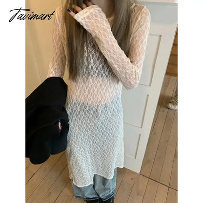 vzyzv Streetwear Hollow Sexy Sheer White Long-sleeved Dress Women 2024 Spring New O-neck Loose Casual All Match Lace Mid-length Dress