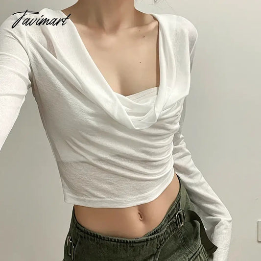 vzyzv Streetwear Solid Color All Match Hooded Long-sleeved T-shirt Women Summer New Korean Pleated Sexy Slim Thin Crop Tops