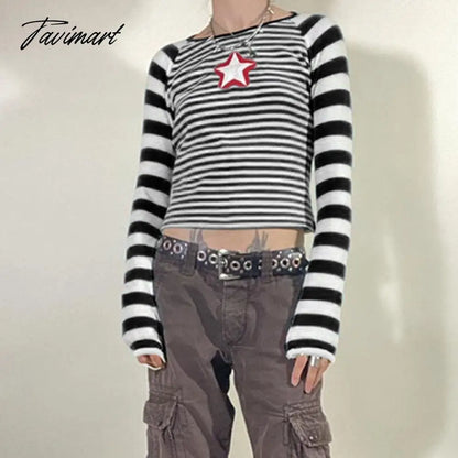 vzyzv Striped Top Blouse Tshirt Basic Long Sleeve Black And White Star Patch Print Streetwear Y2k Fashion Fall Clothes Retro Women