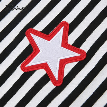 vzyzv Striped Top Blouse Tshirt Basic Long Sleeve Black And White Star Patch Print Streetwear Y2k Fashion Fall Clothes Retro Women