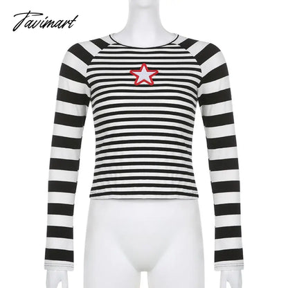 vzyzv Striped Top Blouse Tshirt Basic Long Sleeve Black And White Star Patch Print Streetwear Y2k Fashion Fall Clothes Retro Women