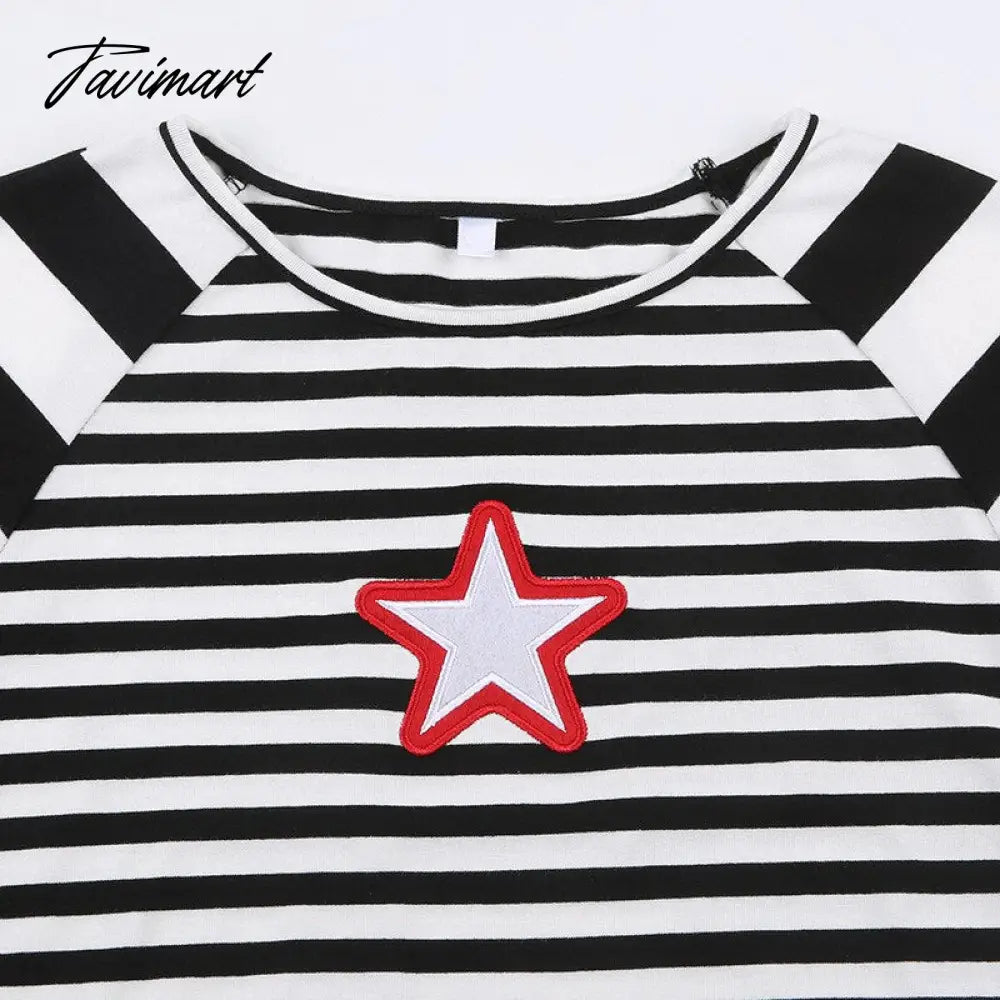 vzyzv Striped Top Blouse Tshirt Basic Long Sleeve Black And White Star Patch Print Streetwear Y2k Fashion Fall Clothes Retro Women