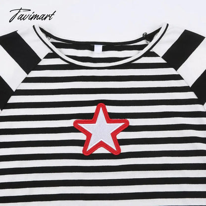 vzyzv Striped Top Blouse Tshirt Basic Long Sleeve Black And White Star Patch Print Streetwear Y2k Fashion Fall Clothes Retro Women