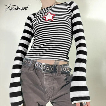 vzyzv Striped Top Blouse Tshirt Basic Long Sleeve Black And White Star Patch Print Streetwear Y2k Fashion Fall Clothes Retro Women