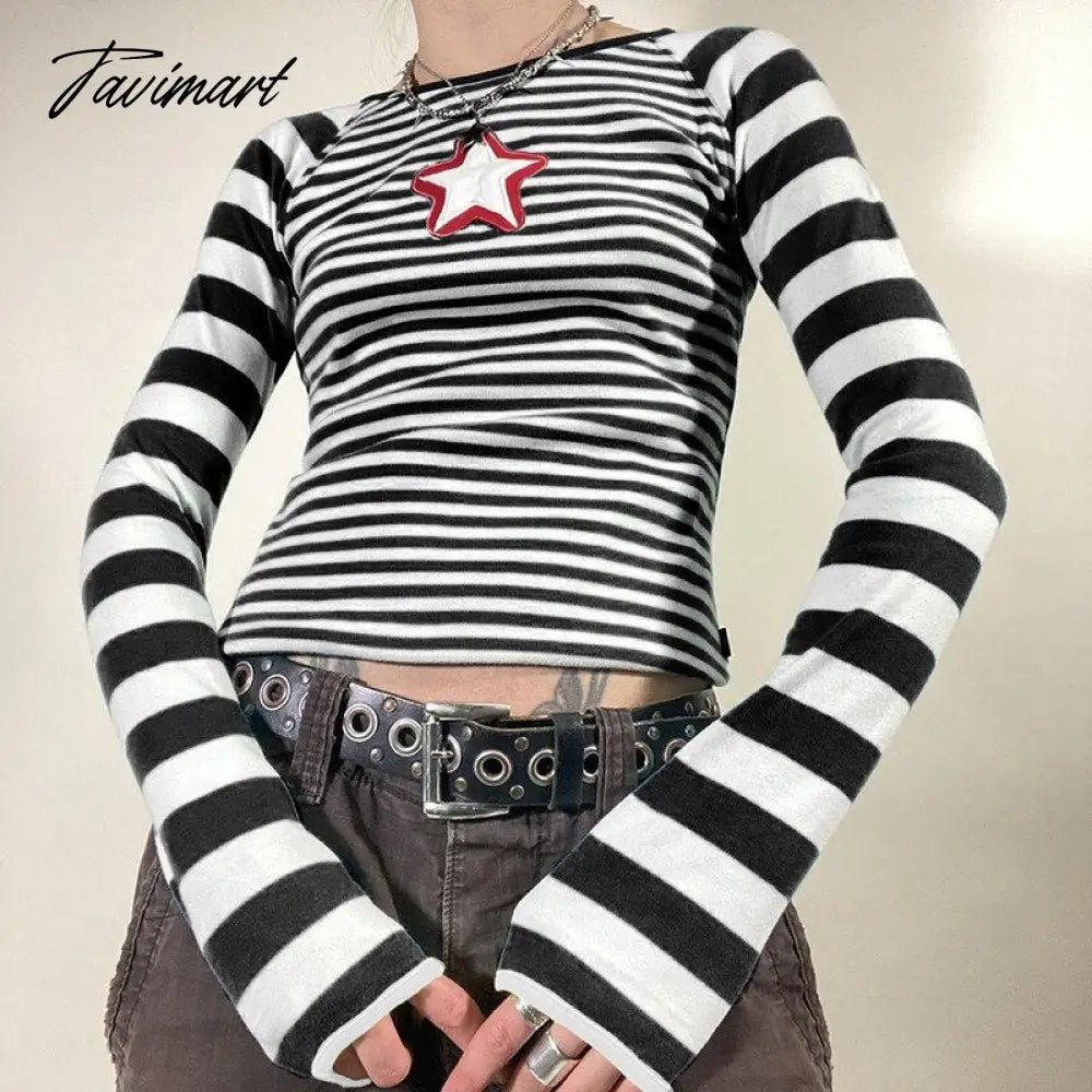 vzyzv Striped Top Blouse Tshirt Basic Long Sleeve Black And White Star Patch Print Streetwear Y2k Fashion Fall Clothes Retro Women