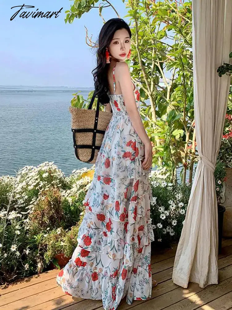 Tavimart Summer Backless Beach Ruffles Cake Long Dress Women Sleeveless Print Floral Retro Dress Korean Style Evening Party Slip Dresses