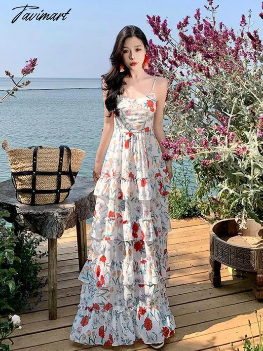 Tavimart Summer Backless Beach Ruffles Cake Long Dress Women Sleeveless Print Floral Retro Dress Korean Style Evening Party Slip Dresses