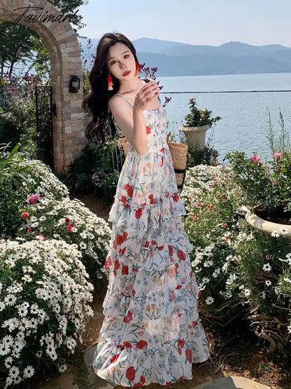 Tavimart Summer Backless Beach Ruffles Cake Long Dress Women Sleeveless Print Floral Retro Dress Korean Style Evening Party Slip Dresses