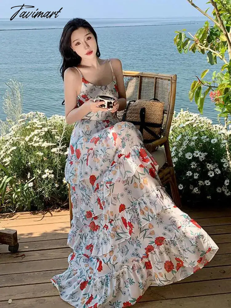 Tavimart Summer Backless Beach Ruffles Cake Long Dress Women Sleeveless Print Floral Retro Dress Korean Style Evening Party Slip Dresses