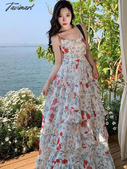 Tavimart Summer Backless Beach Ruffles Cake Long Dress Women Sleeveless Print Floral Retro Dress Korean Style Evening Party Slip Dresses