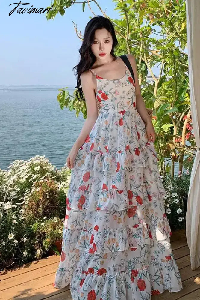 Tavimart Summer Backless Beach Ruffles Cake Long Dress Women Sleeveless Print Floral Retro Dress Korean Style Evening Party Slip Dresses