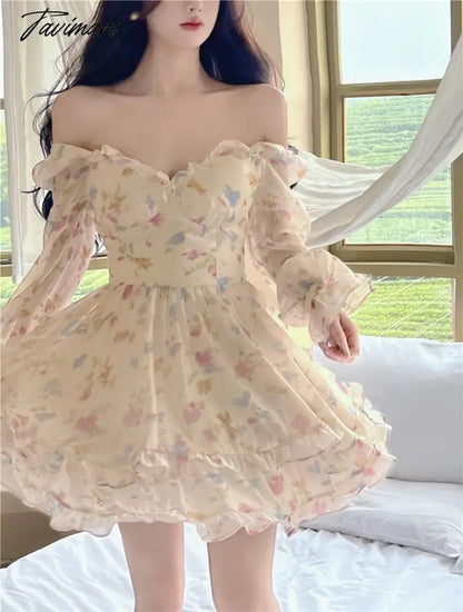 Tavimart Summer Chiffon Lace Floral Fairy Dress Women Korean Hem Lace Mesh Sweet Dress Female Designer Ruffle Flounce Elegan vestidos