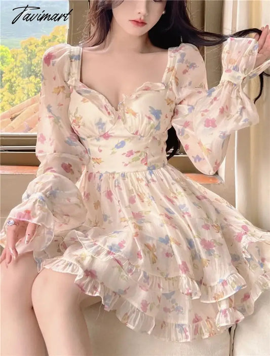 Tavimart Summer Chiffon Lace Floral Fairy Dress Women Korean Hem Lace Mesh Sweet Dress Female Designer Ruffle Flounce Elegan vestidos