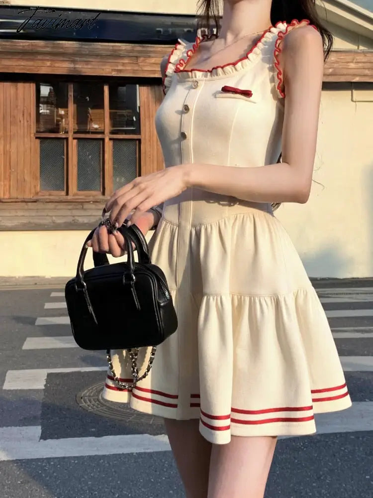 Tavimart Summer College Style Sweet Dress Women Bow Kawaii Sweet Party Mini Dress Female Ruffles Patchwork Korean Fashion Dress New