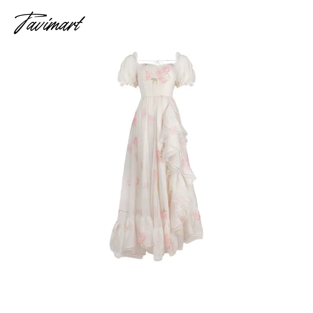 Tavimart Summer Floral Print Fairy Dress Women Sexy Slash Neck Puff Sleeve High Waist Midi Dress Beach Holiday Maxi Dresses Korean