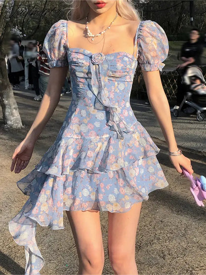 vzyzv  -  Summer Floral Y2k Mini Dress Holiday Beach Irregular Chiffon Dress Casual Korean Fashion Short Party Dress Elegant Clothing