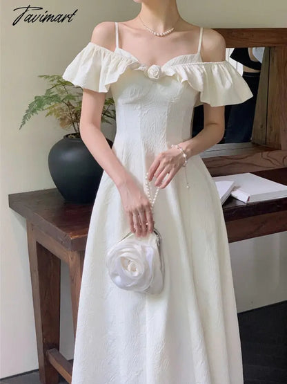 Tavimart Summer French Vinatge Elegant Midi Dress Women Slash Neck Off Shoulder Ruffles Patchwork High Waist A-line Dresses Korean Robe