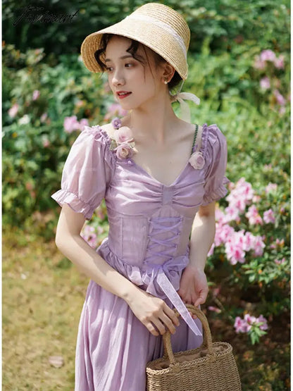 vzyzv Summer Lace Flower Cute Dress Women Designer Draped Slim Sexy Midi Dress Female Bandage Strappy Retro Elegant Holiday Dress